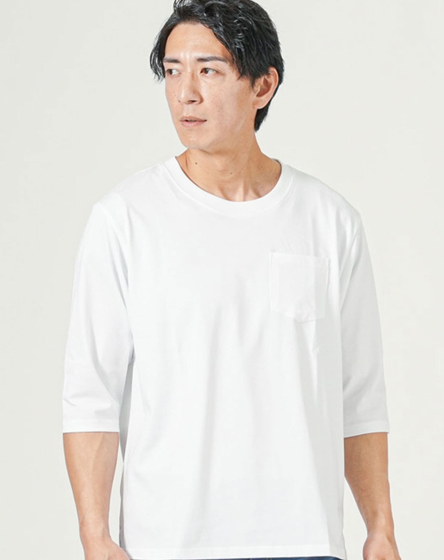 オーバーサイズポケット付き7分袖ポケット付きクルーネックTシャツ