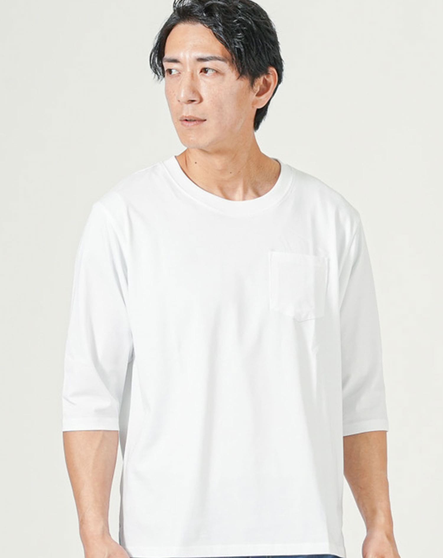 オーバーサイズポケット付き7分袖ポケット付きクルーネックTシャツ