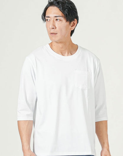 オーバーサイズポケット付き7分袖ポケット付きクルーネックTシャツ