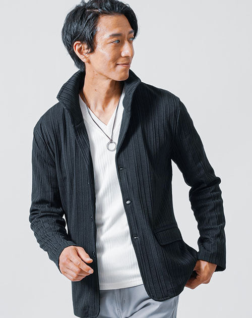 ワイヤー入りイタリアンスタンドカラーランダムテレコ素材長袖ジャケット