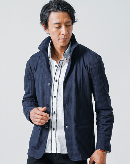 ワイヤー入りイタリアンスタンドカラーランダムテレコ素材長袖ジャケット