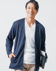 ポンチ素材長袖ノーカラーカーディガン