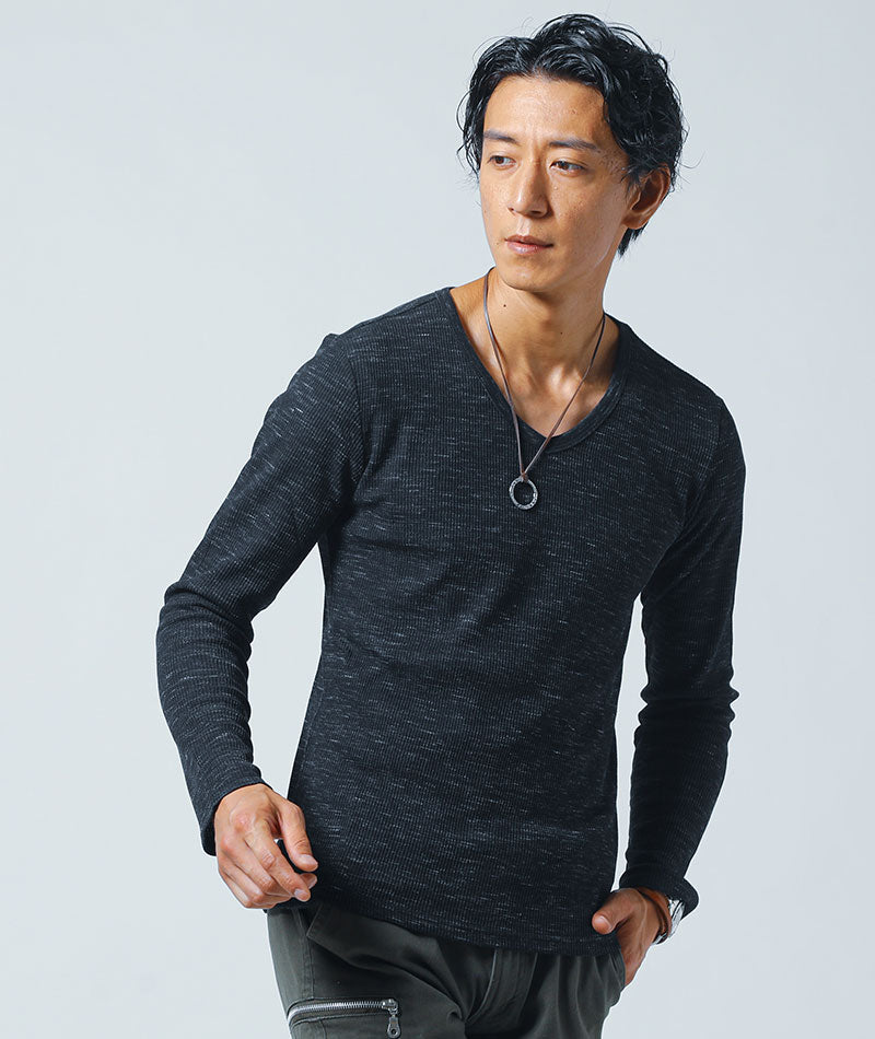 杢ワッフル素材Vネック長袖Tシャツ