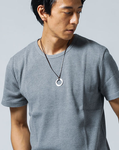 ワッフル素材ラウンドネックシンプルＴシャツ