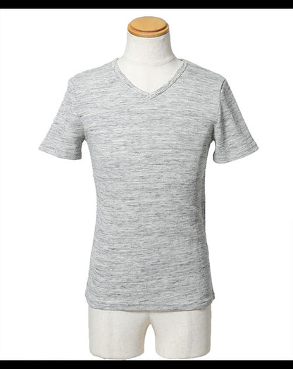 ワッフル素材杢デザインVネックTシャツ