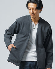 ノーカラー長袖ボタンレスカーディガン