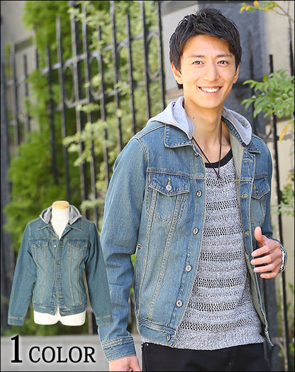 ウォッシュ加工2WAYデニムフードジャケット