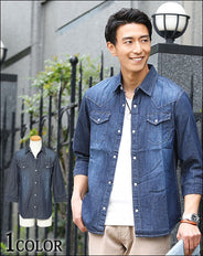 色落ち加工ストレッチ7分袖デニムシャツ