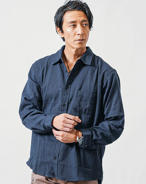 レギュラーカラー・バンドカラーオーバーサイズフランネル長袖シャツ