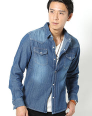 (147) 色落ち加工ウエスタン長袖デニムシャツ