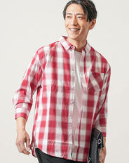 平織り7分袖オンブレチェックシャツ