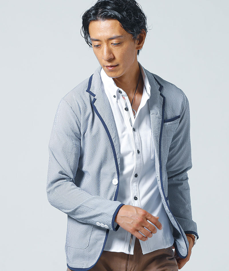 新品タグ付✨バラシ　シアサッカーテーラードジャケット　ライトブルー　50/XL パイピングデザインシアサッカー長袖テーラードジャケット