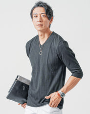 ランダムテレコ素材7分袖VネックTシャツ