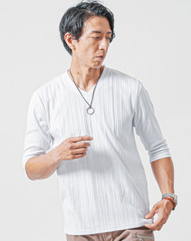 ランダムテレコ素材7分袖VネックTシャツ