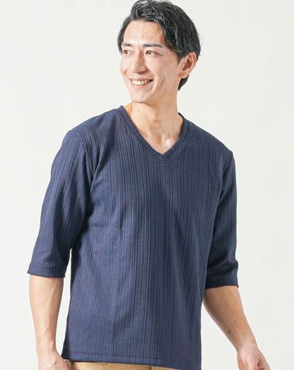 ランダムテレコ素材7分袖VネックTシャツ