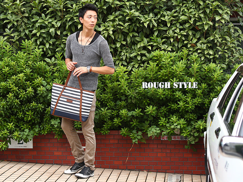 ボーダーデザインキャンバス生地×ＰＵレザートートバック