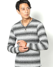 グラデボーダーデザインVネックリブニットソー