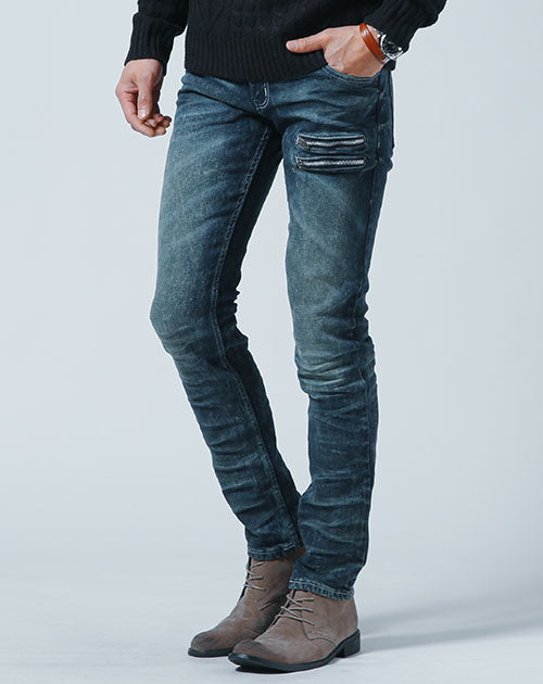 ダブルジップヴィンテージ加工スキニーデニムパンツ