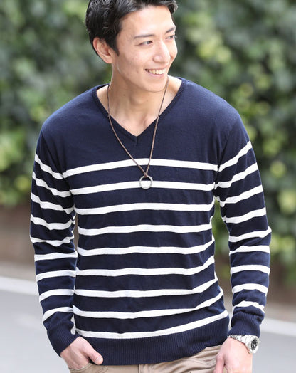 パネルボーダーデザインVネックニットソー