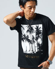 パームツリープリント半袖クルーネックコットンＴシャツ