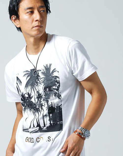 パームツリープリント半袖クルーネックコットンＴシャツ