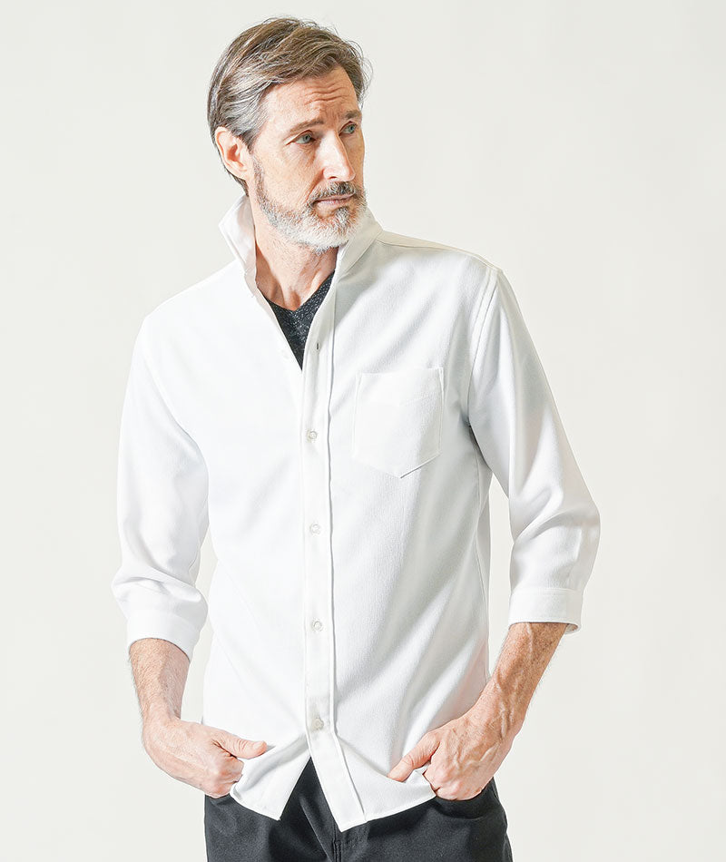 50代60代向け 接触冷感パナマ織りホリゾンタルカラー7分袖シャツ