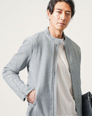 50代60代向け カット素材長袖シングルライダースジャケット