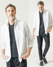 60代メンズ夏の3点コーデセット 白7分袖シャツ×黒半袖Tシャツ×黒アンクルチノパンツ