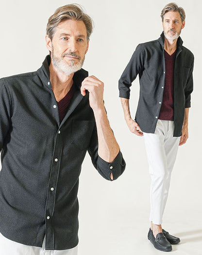 60代メンズ夏の3点コーデセット 黒7分袖シャツ×ワイン7分袖Tシャツ×白アンクルチノパンツ