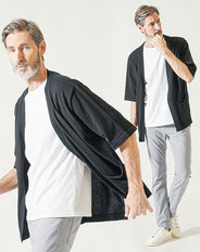 夏の3点コーデセット 黒5分袖サマーカーディガン×白半袖Tシャツ×グレーストレッチチノパンツ