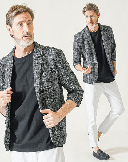 60代メンズ夏の3点コーデセット 黒7分袖テーラード×黒半袖クルーネックTシャツ×白ストレッチアンクルチノパンツ