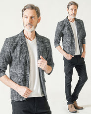 夏の3点コーデセット 黒7分袖テーラードジャケット×白半袖VネックTシャツ×黒ストレッチチノパンツ