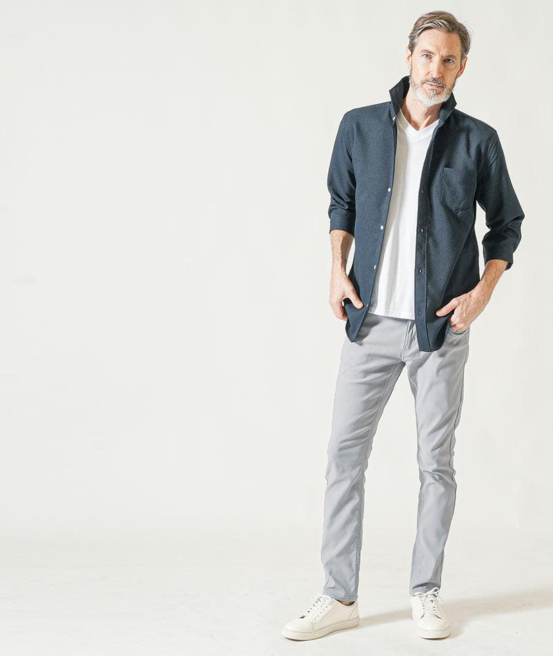 60代メンズ夏の3点コーデセット ネイビー7分袖シャツ×白半袖VネックT