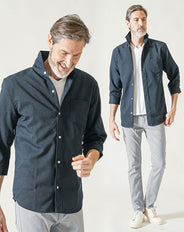 60代メンズ夏の3点コーデセット ネイビー7分袖シャツ×白半袖VネックTシャツ×グレーストレッチチノパンツ
