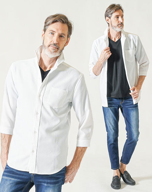 夏の3点コーデセット 白7分袖シャツ×黒半袖VネックTシャツ×インディゴアンクルデニムパンツ
