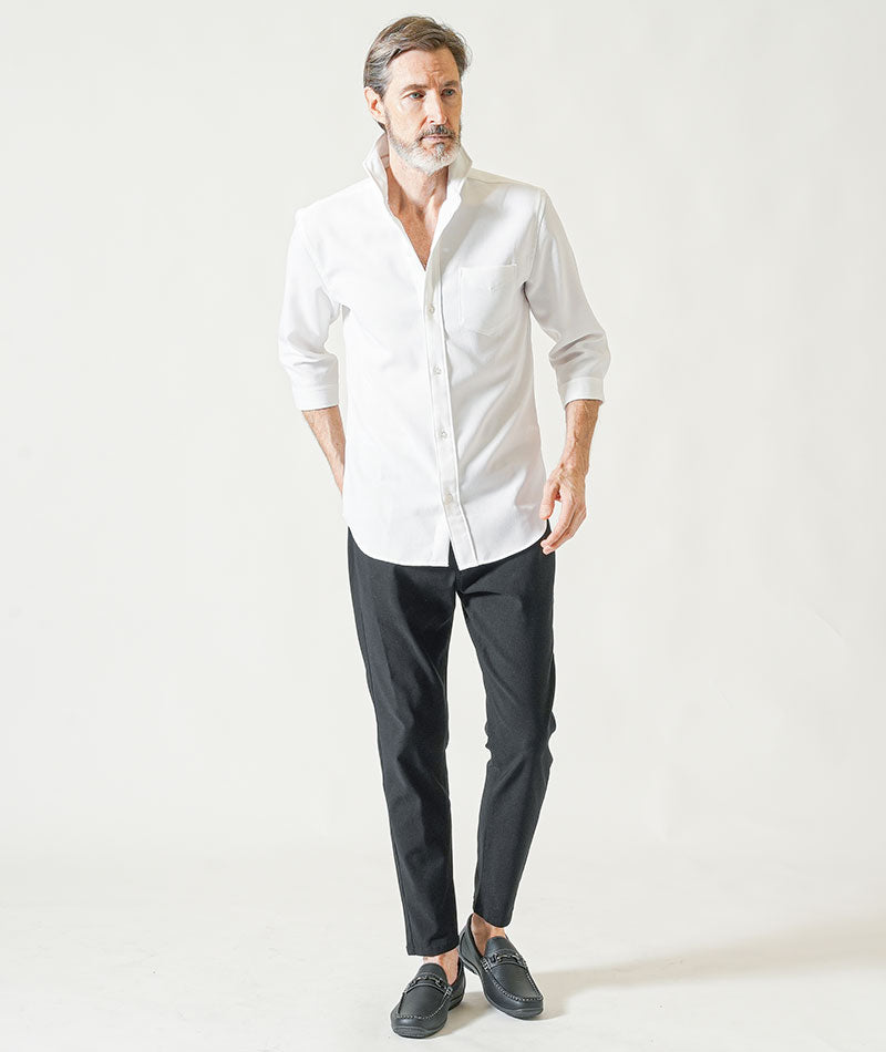 60代メンズ夏の3点コーデセット 白7分袖シャツ×グレー半袖ポロシャツ×黒ストレッチチノパンツ