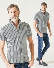 60代メンズ夏の2点コーデセット 白半袖ポロシャツ×インディストレッチアンクルデニムパンツ