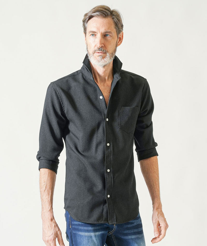 60代メンズ夏の3点コーデセット 白半袖ポロシャツ×黒7分袖シャツ×インディゴアンクルデニムパンツ