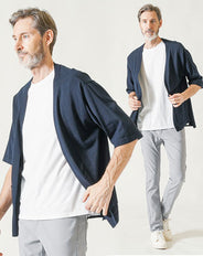 夏の3点コーデセット ネイビー5分袖サマーカーディガン×白半袖Tシャツ×グレーストレッチチノパンツ