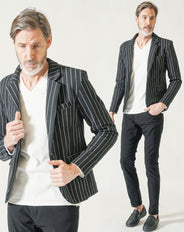 3点コーデセット 黒長袖テーラードジャケット×白長袖VネックTシャツ×黒ストレッチテーパードパンツ