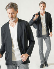 60代メンズ3点コーデセット 黒長袖カーディガン×白長袖VネックTシャツ×千鳥柄ストレッチテーパードパンツ