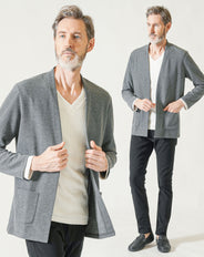 60代メンズ3点コーデセット グレー長袖カーディガン×白長袖VネックTシャツ×黒スキニーテーパードチノパンツ