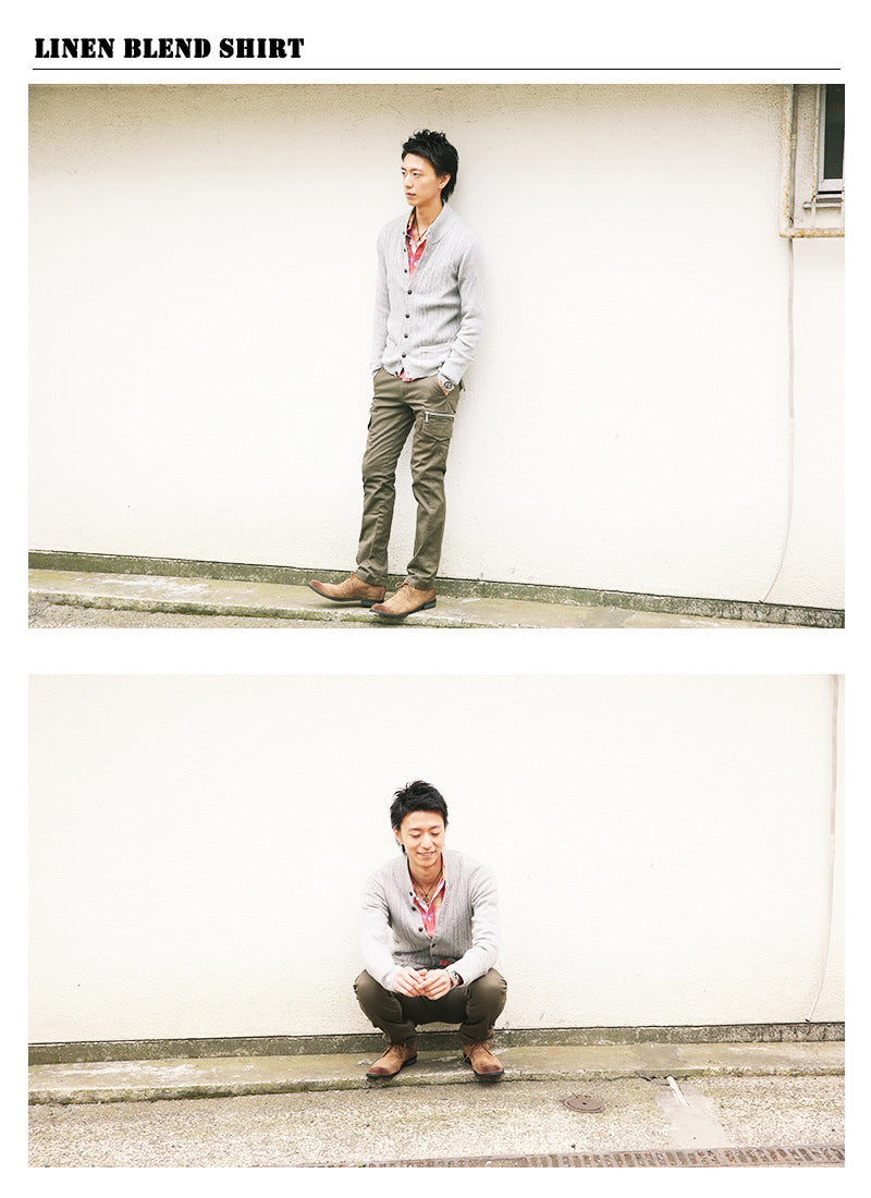 タータンチェックシワ加工麻混シャツ　日本製