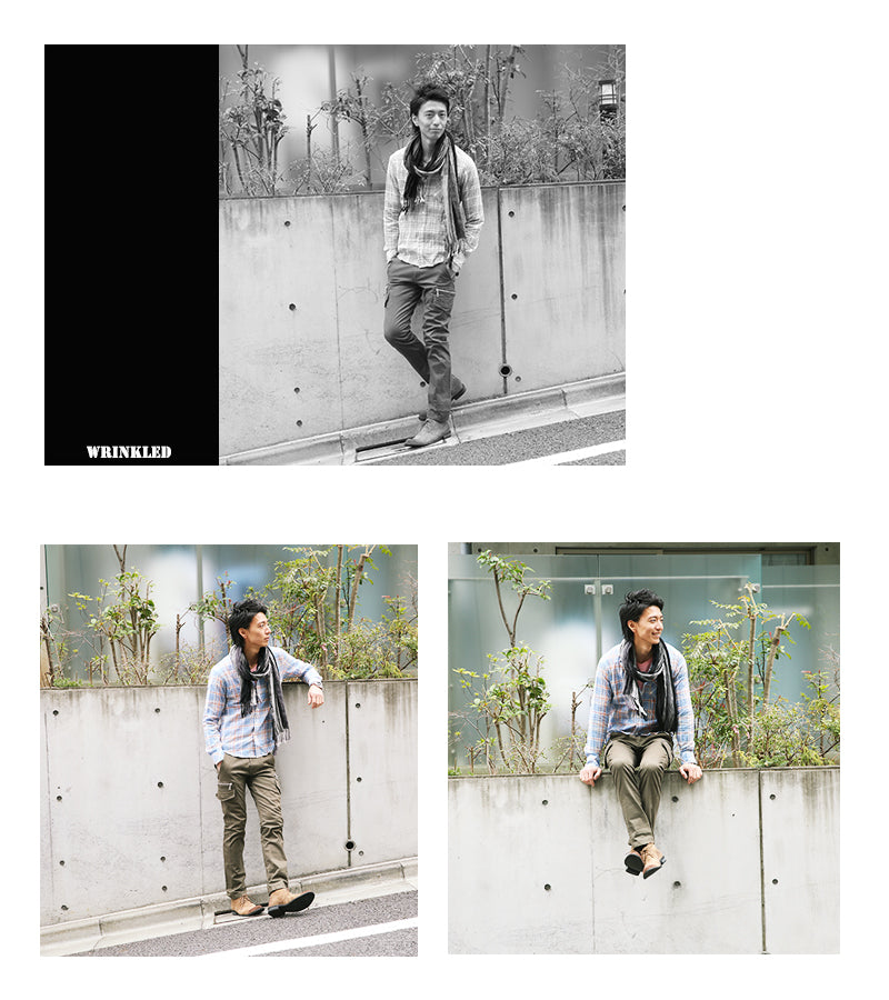 タータンチェックシワ加工麻混シャツ　日本製