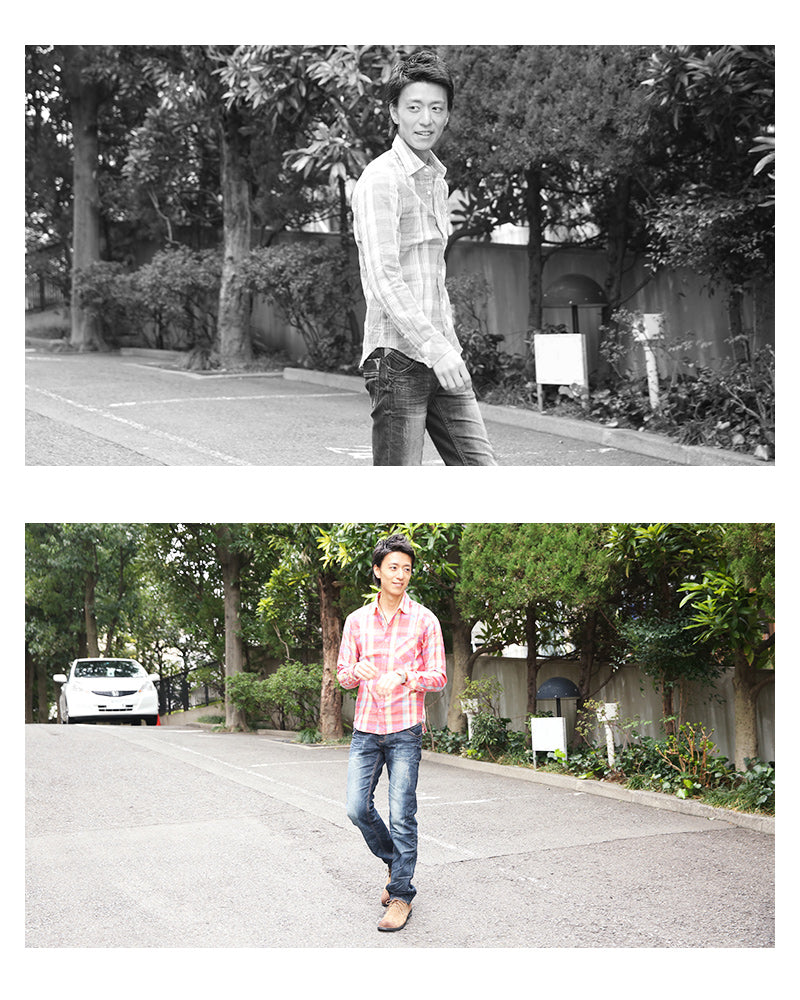 タータンチェックシワ加工麻混シャツ　日本製