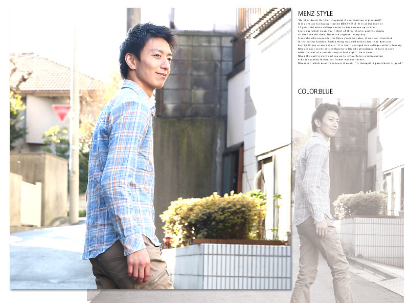 タータンチェックシワ加工麻混シャツ　日本製