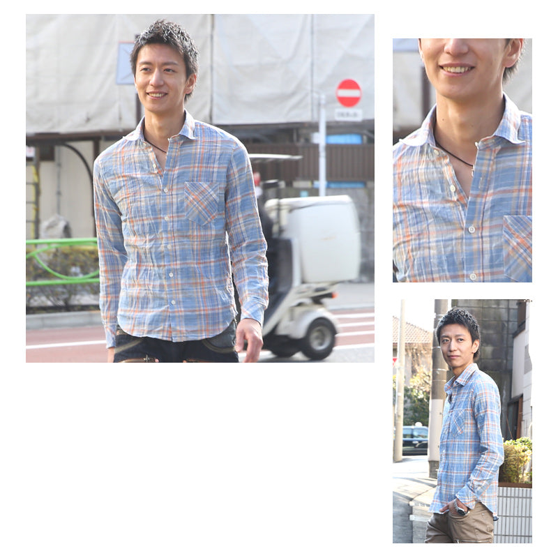 タータンチェックシワ加工麻混シャツ　日本製