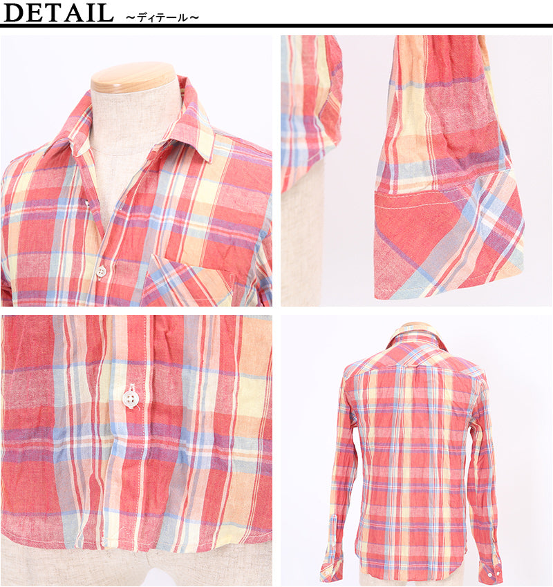 タータンチェックシワ加工麻混シャツ　日本製