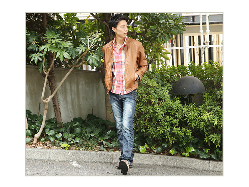 タータンチェックシワ加工麻混シャツ　日本製