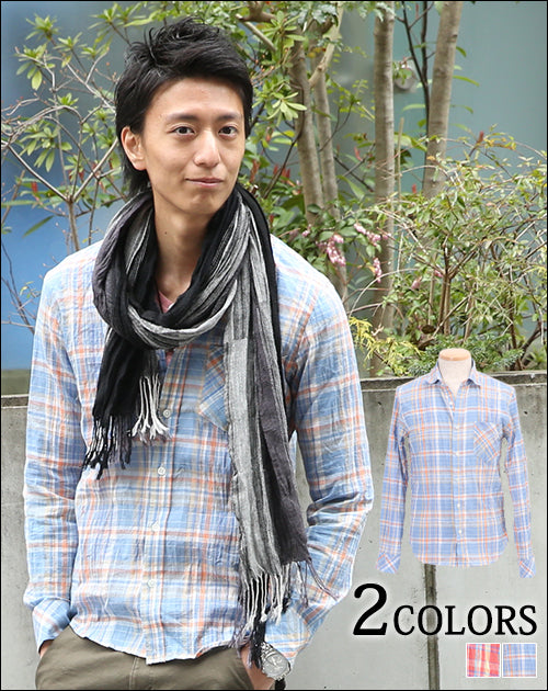 タータンチェックシワ加工麻混シャツ　日本製